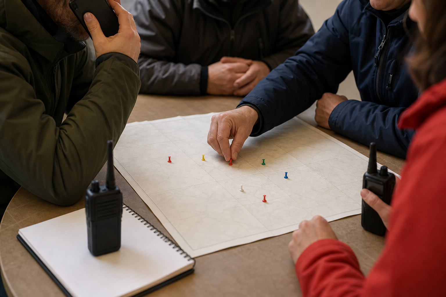 Volunteers coordinate around a table with a phone, radios and pins placed on a blank map.