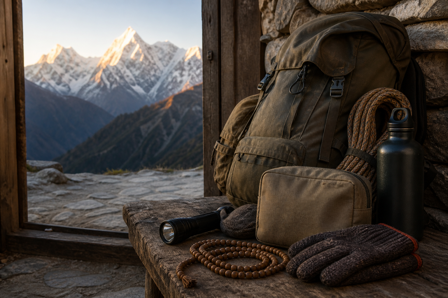 Wooden prayer beads lie beside a packed rucksack, rope, flashlight, water bottle and warm gloves in a mountain shelter.