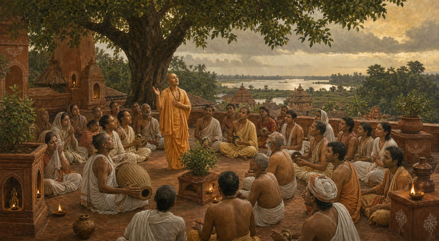 Vaishnava devotees gather beneath a neem tree for singing and drumming in a terracotta courtyard in historical Nadia, Bengal.