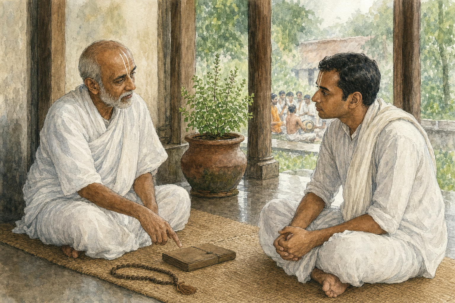 An older Vaishnava teacher speaks with a younger seeker beside prayer beads and a closed manuscript on a shaded ashram veranda.