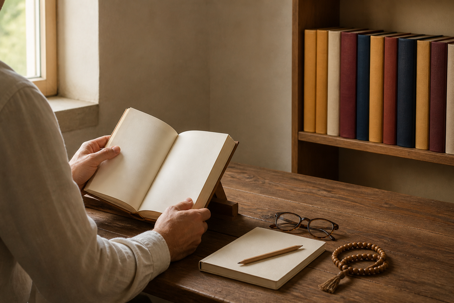 A reader opens one clothbound tribute volume at a wooden desk beside a notebook, meditation beads, and a shelf of additional volumes.