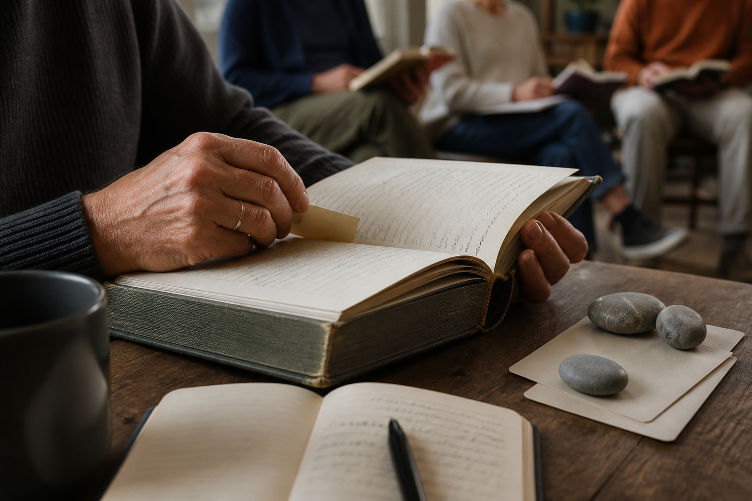 Hands read an open clothbound volume beside a notebook while other readers with separate books appear softly blurred in the background.