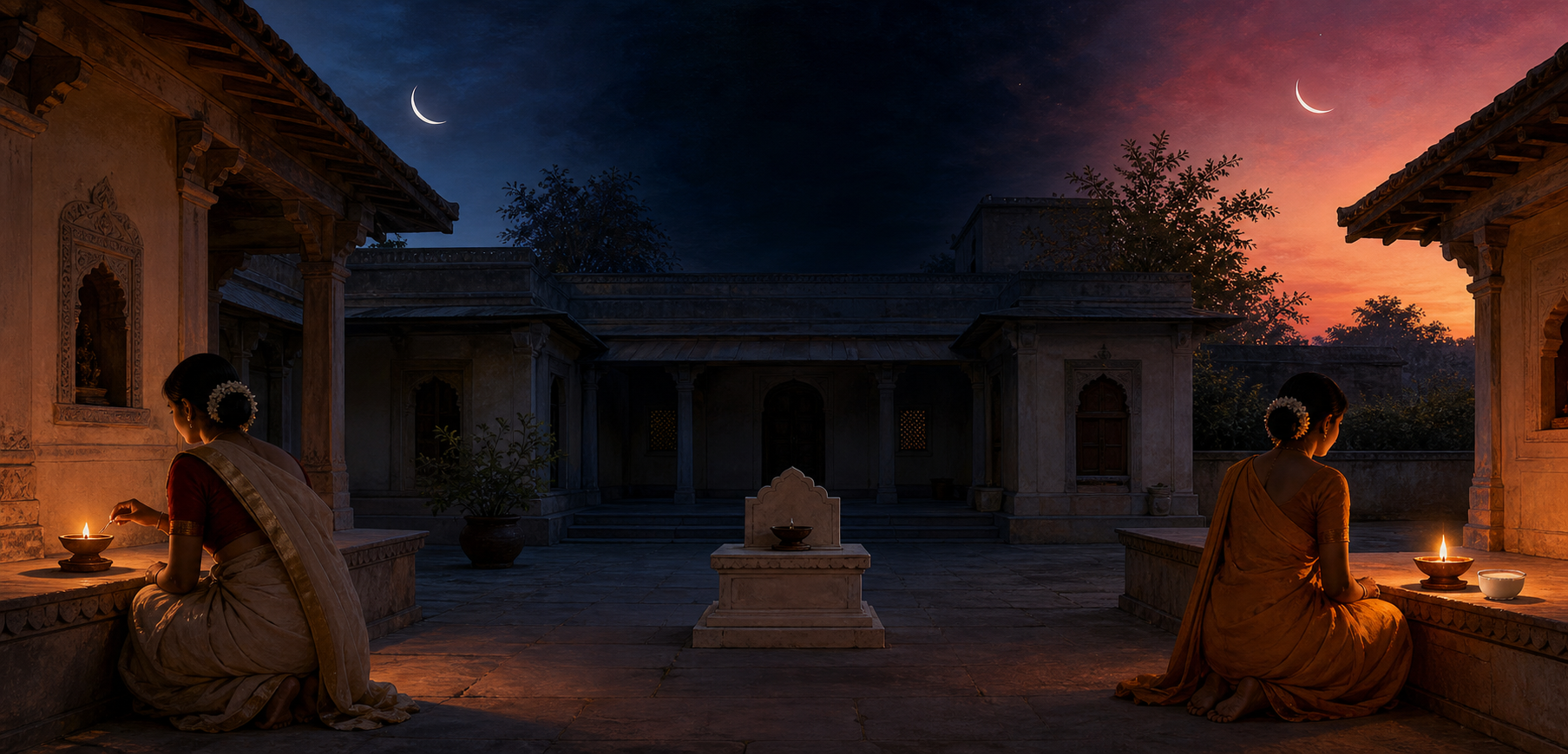Three connected courtyard scenes show a waning crescent, a moonless pause, and a new lamp and milk offering beneath a waxing crescent.