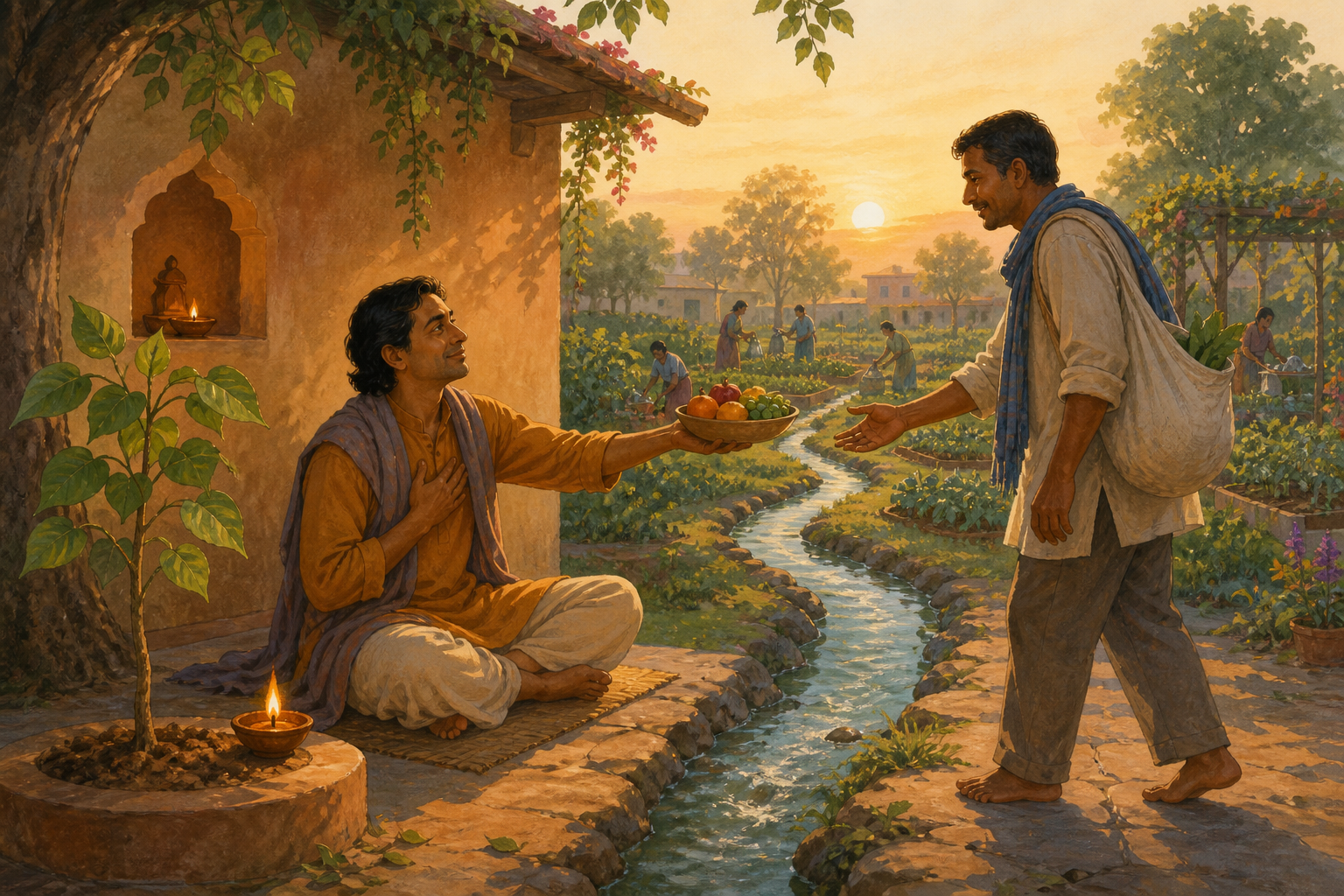 A person in a dawn garden courtyard offers a bowl of fruit to a neighbor beside an earthen lamp, a sapling, and a stream leading toward a community garden.