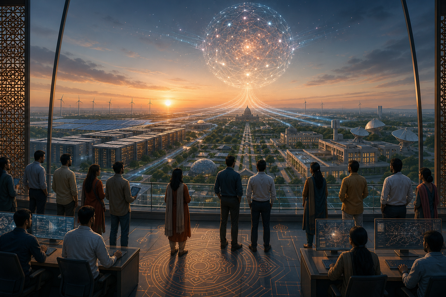 Indian scientists and engineers overlook a research campus containing data centers, laboratories, renewable energy systems and communications infrastructure beneath a luminous geometric sphere.