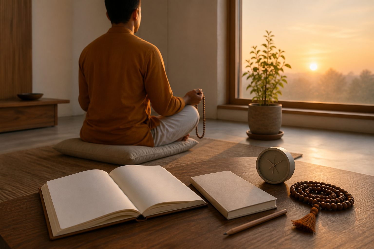 An open tribute book, notebook, clock, and wooden meditation beads are arranged near a seated practitioner in morning light.