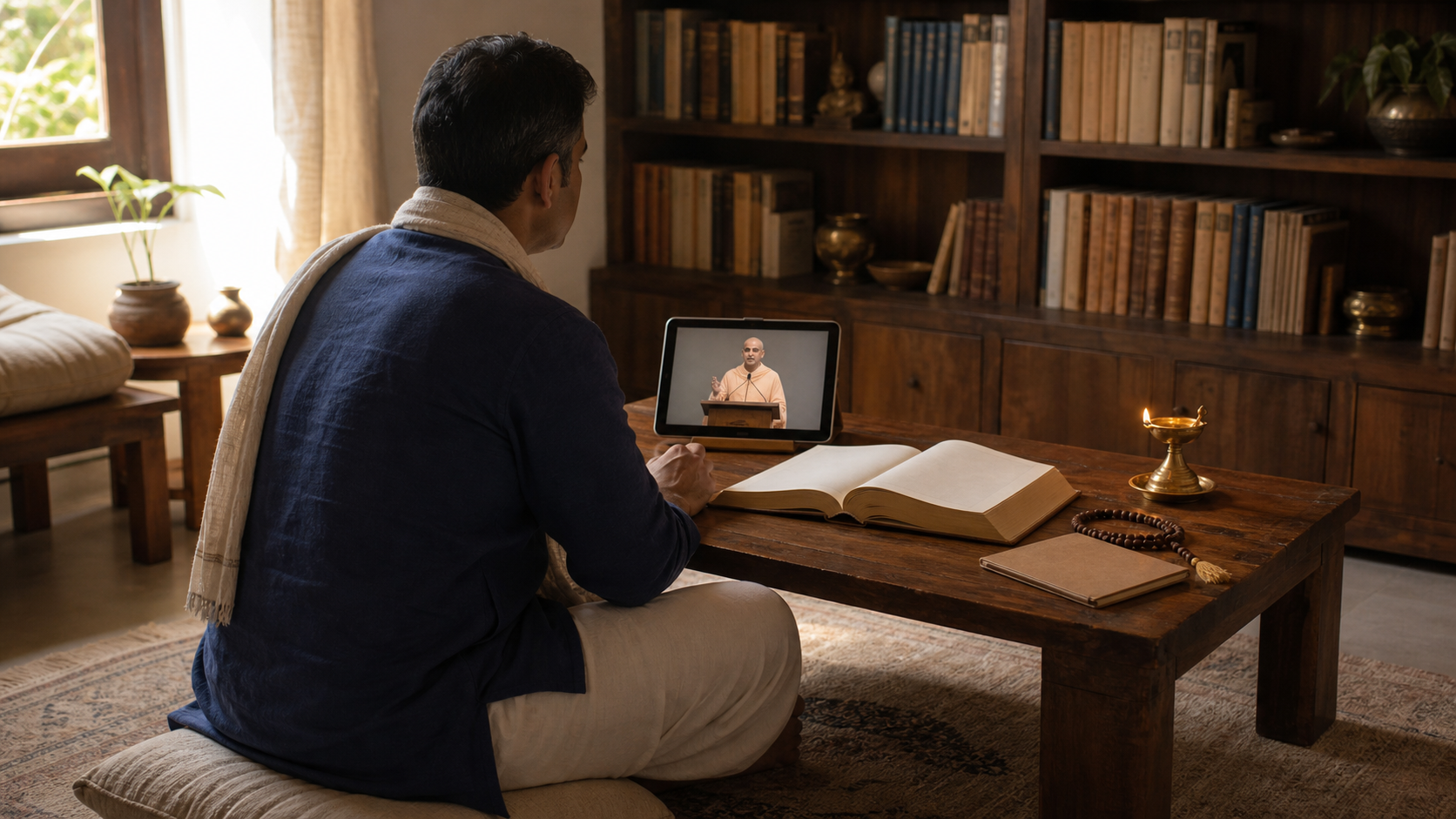 A reader listens to a spiritual discourse on a tablet while studying an open sacred book at a low wooden desk with prayer beads and an oil lamp.