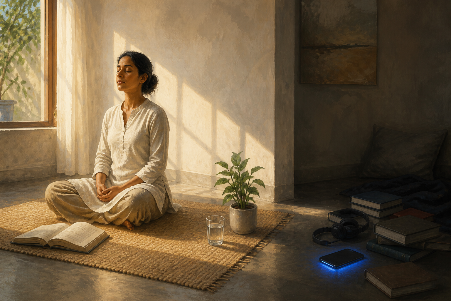 A seated practitioner reflects beside one open book and a plant while a glowing phone, headphones, and a pile of closed books remain at the edge of the room.