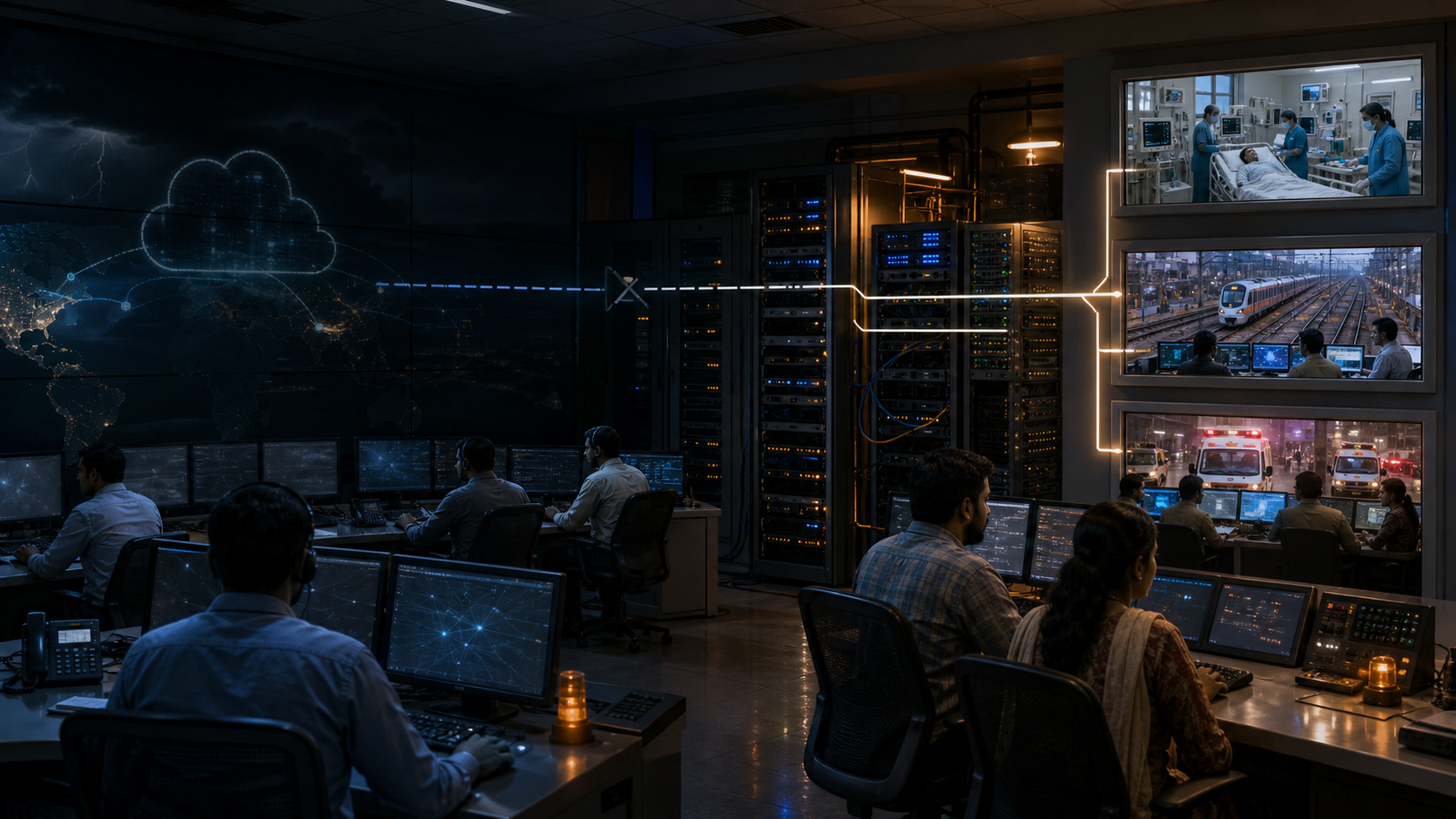 Engineers work in a control room where an overseas cloud connection has gone dark while locally operated servers continue supporting a hospital, railway and emergency center.