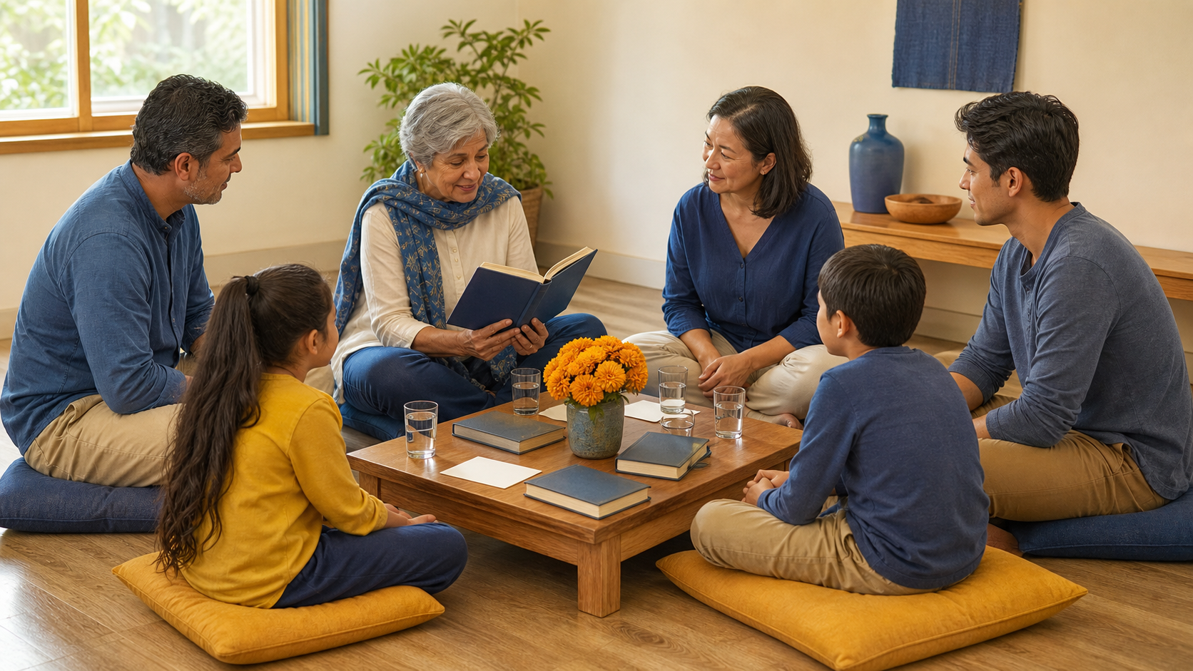 Adults and children sit in a circle listening as one participant reads from a clothbound tribute volume in a simple community room.