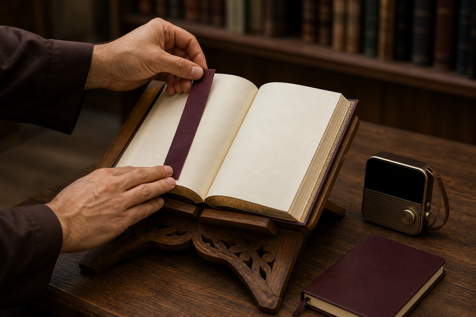 Hands mark a passage in an open sacred volume beside an unbranded audio device and a plain notebook.