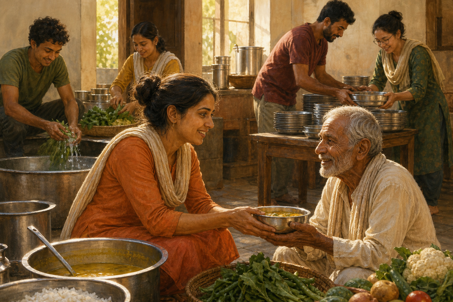 Volunteers prepare and serve a vegetarian meal in a community kitchen, with one person placing a bowl before an older guest.