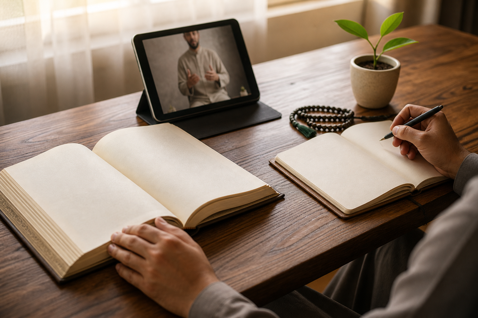 An open sacred book, a tablet showing a generic speaker, and a notebook with prayer beads form a sequence across a study desk.