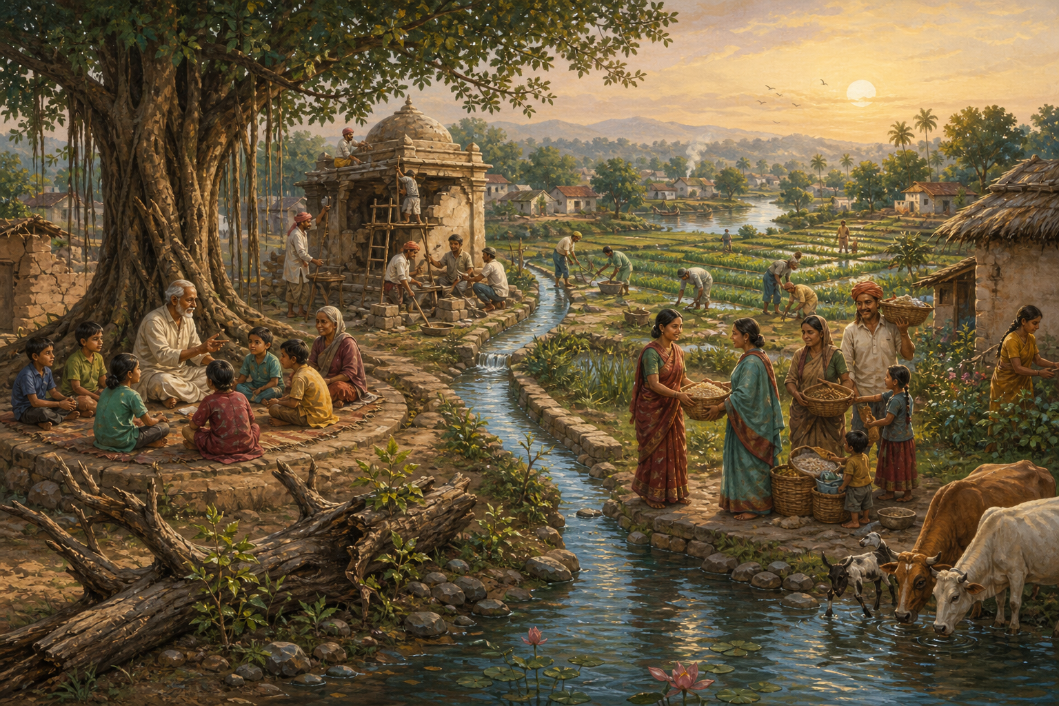 Villagers restore fields, water channels, a sanctuary, and food distribution while elders teach children beneath a banyan tree.