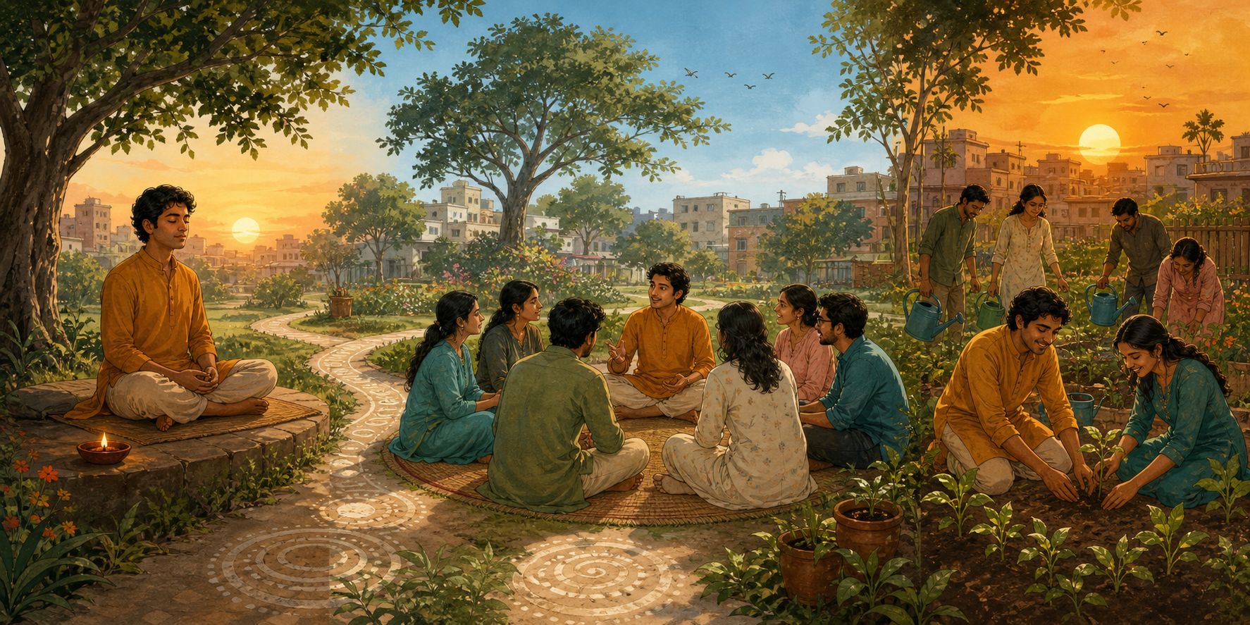 A continuous landscape shows a person meditating at sunrise, meeting with companions during the day, and tending a community garden in the evening.