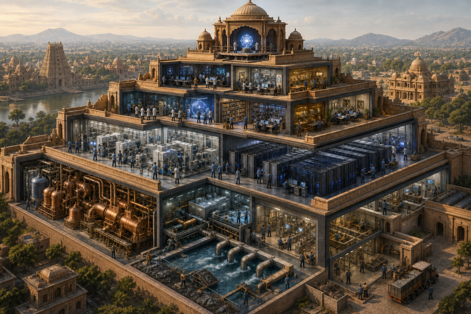 A terraced cutaway research complex rises from energy, cooling and logistics facilities through chip fabrication, data centers, research laboratories and safety testing spaces.