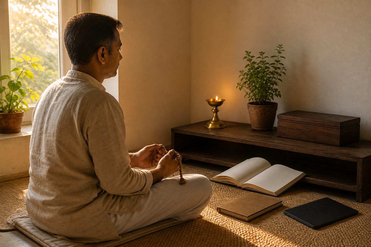 A practitioner uses prayer beads at dawn beside an open sacred book, a plain notebook, a tulsi plant, and a face-down tablet.