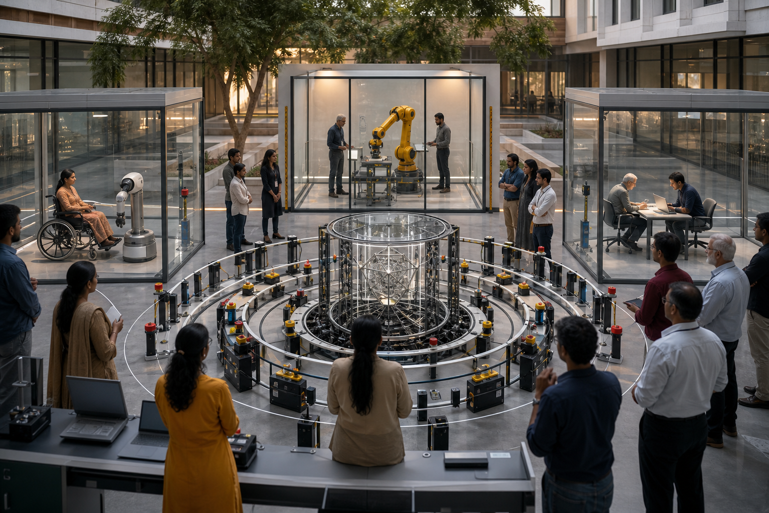 Engineers, social scientists and community representatives evaluate an AI system in a laboratory with simulation bays, audit equipment and physical fail-safe controls.