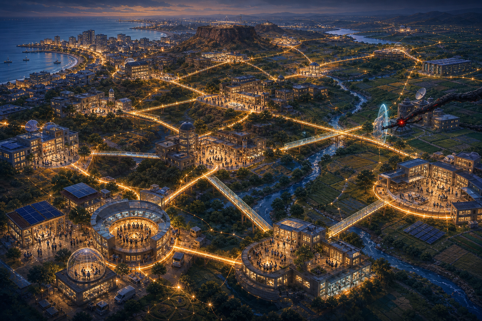 Universities, laboratories, workshops and regional data centers across varied Indian landscapes are connected by a redundant mesh of illuminated pathways.