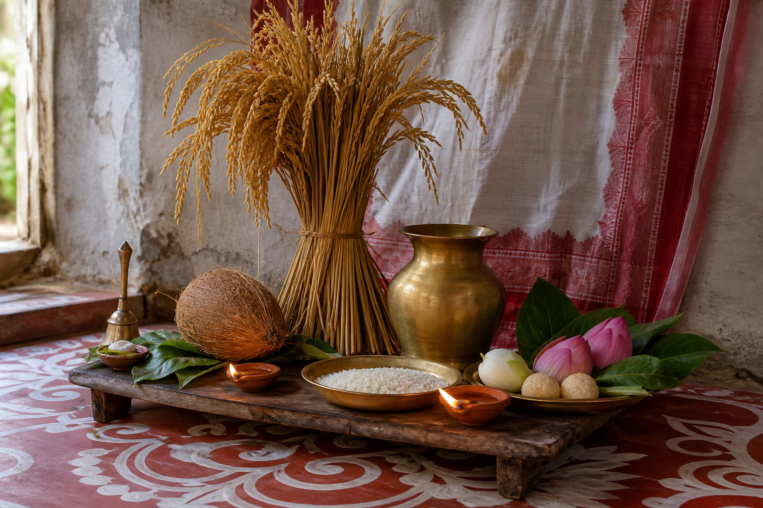 A Bengali household altar centered on a sheaf of ripe paddy, with rice, a coconut, green leaves, lotus flowers, brass vessels, clay lamps, and white alpana designs on a red floor.