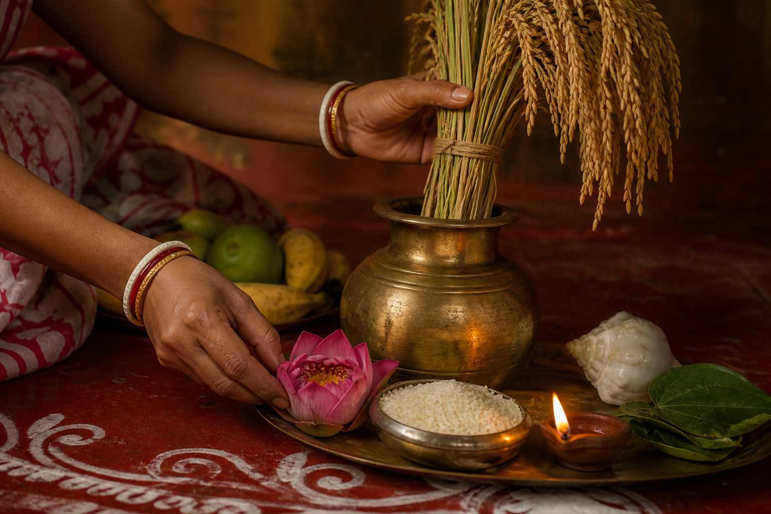 A worshipper's hands arrange a sheaf of paddy, a lotus, and a bowl of rice beside a clay lamp on a Bengali household altar.