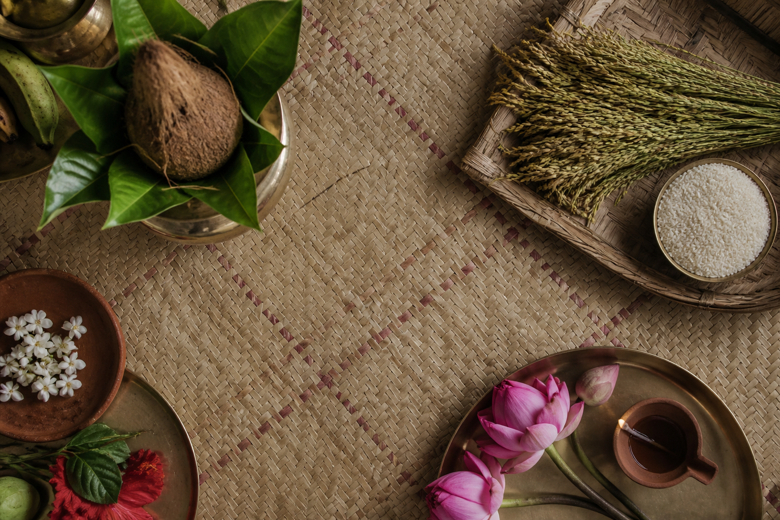 Three different small offering arrangements on a woven mat feature paddy and rice, a coconut with leaves, and lotus flowers with a clay lamp.