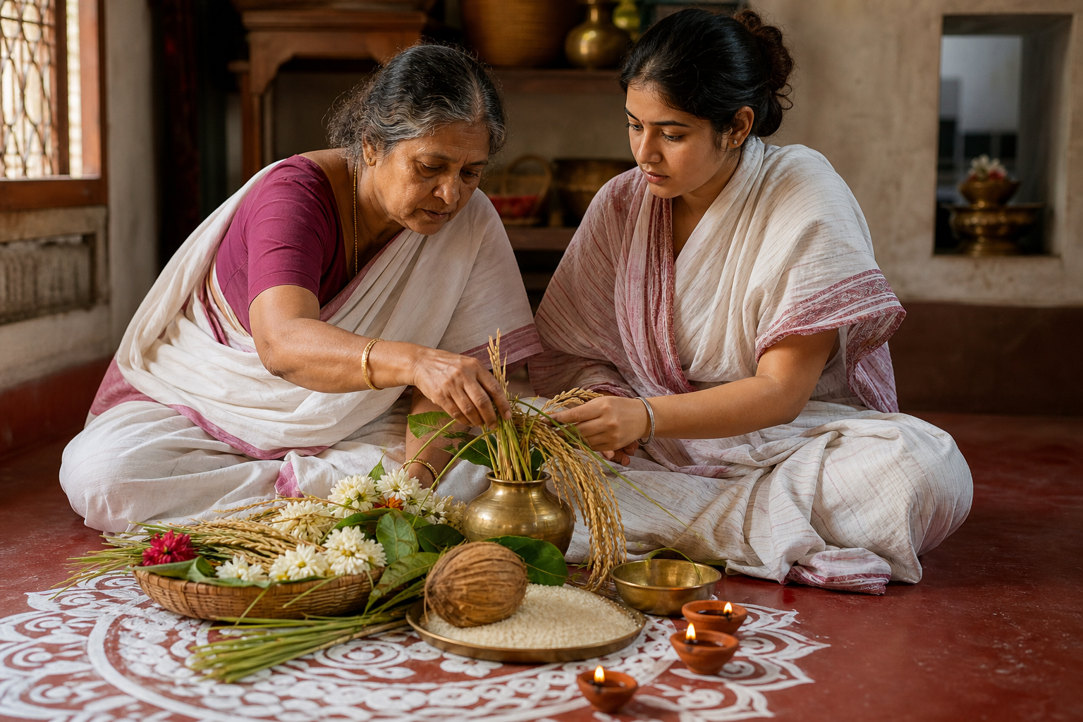 An older woman guides a younger adult as they tie paddy stalks and arrange rice, a coconut, leaves, flowers, brass vessels, and lamps for household worship.
