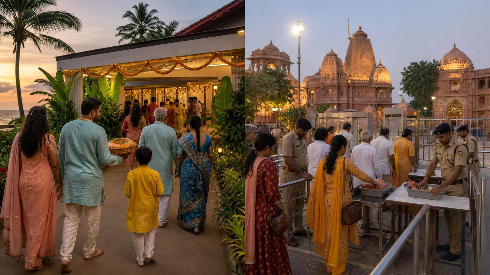 A split scene shows a family arriving at a Janmashtami community programme in coastal South Africa and pilgrims entering a security-managed temple district in Mathura.