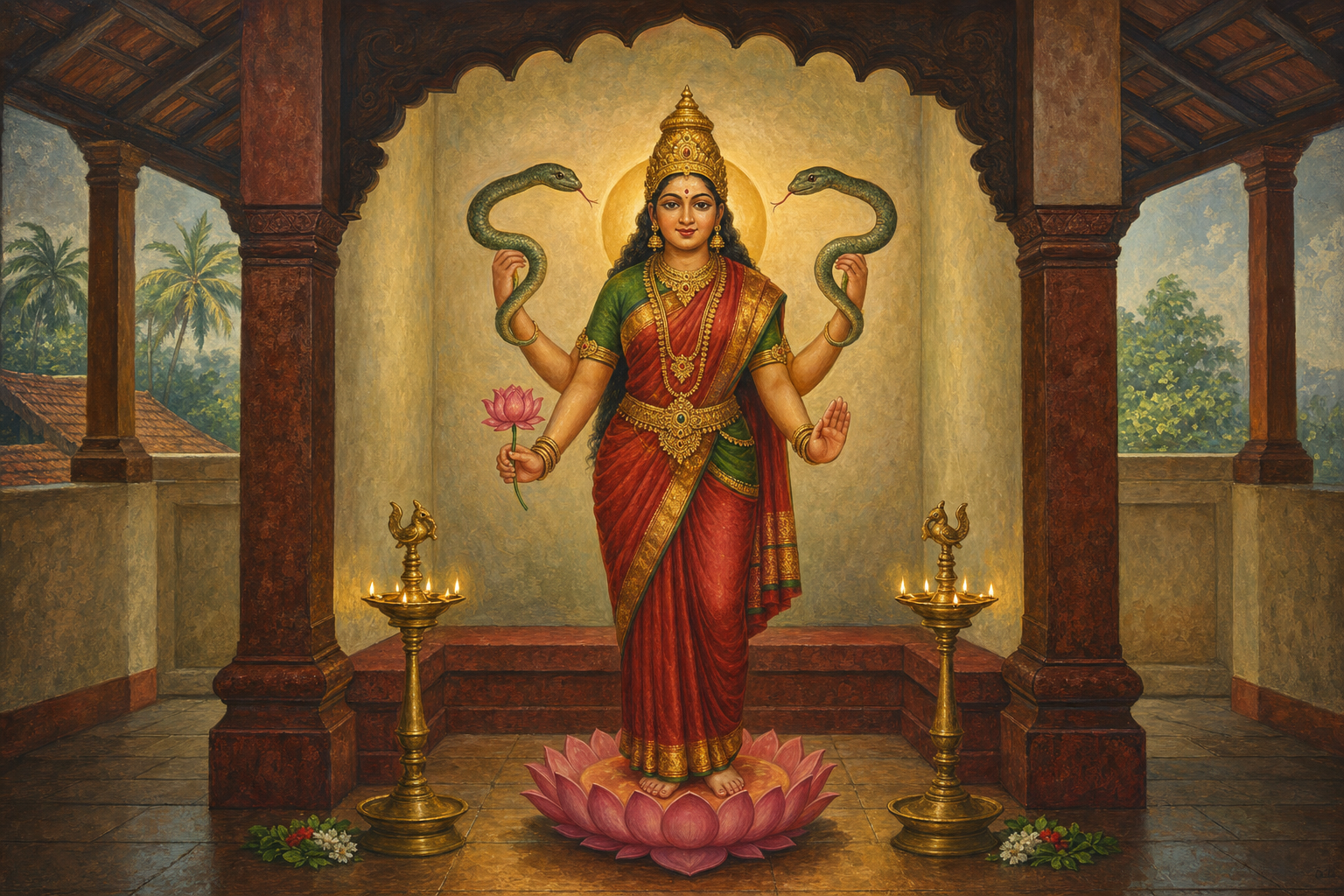 Four-armed Shantadurga stands on a lotus in a Konkan-style shrine, gently holding two curling serpents amid brass lamps and red laterite stone.
