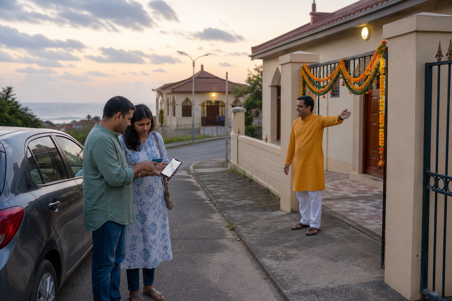 Two worshippers check a map on a phone outside a Janmashtami venue in KwaZulu-Natal while a volunteer indicates the entrance.