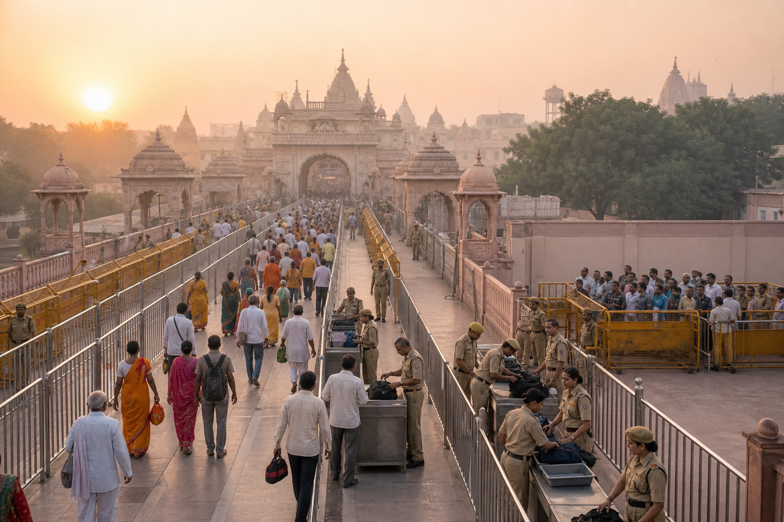Pilgrims pass through organized security lanes in Mathura while a separate gathering remains outside an outer checkpoint.