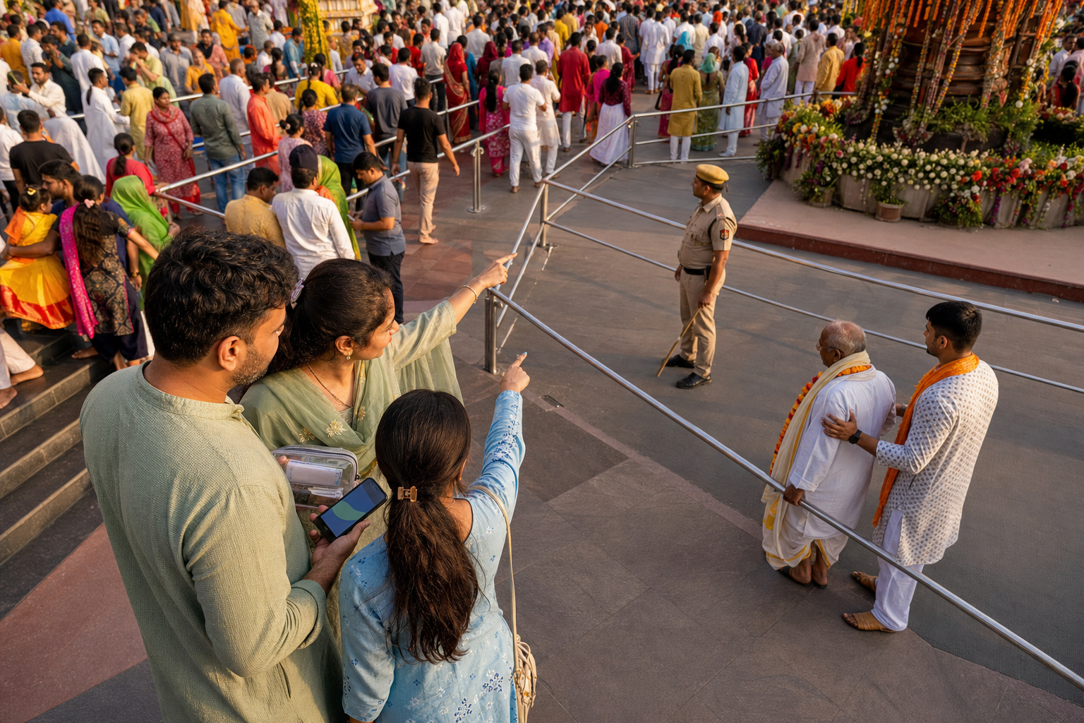 A family pauses beside organized pilgrimage lanes to identify a meeting point, an alternate exit and a nearby security official.