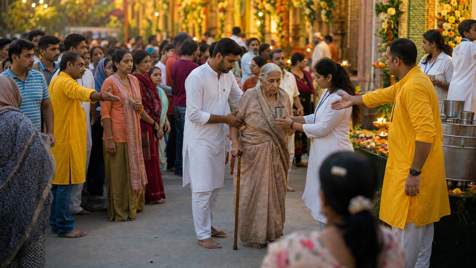 Devotees wait in an orderly Janmashtami queue as volunteers provide water, assist an older pilgrim and keep a walkway clear.