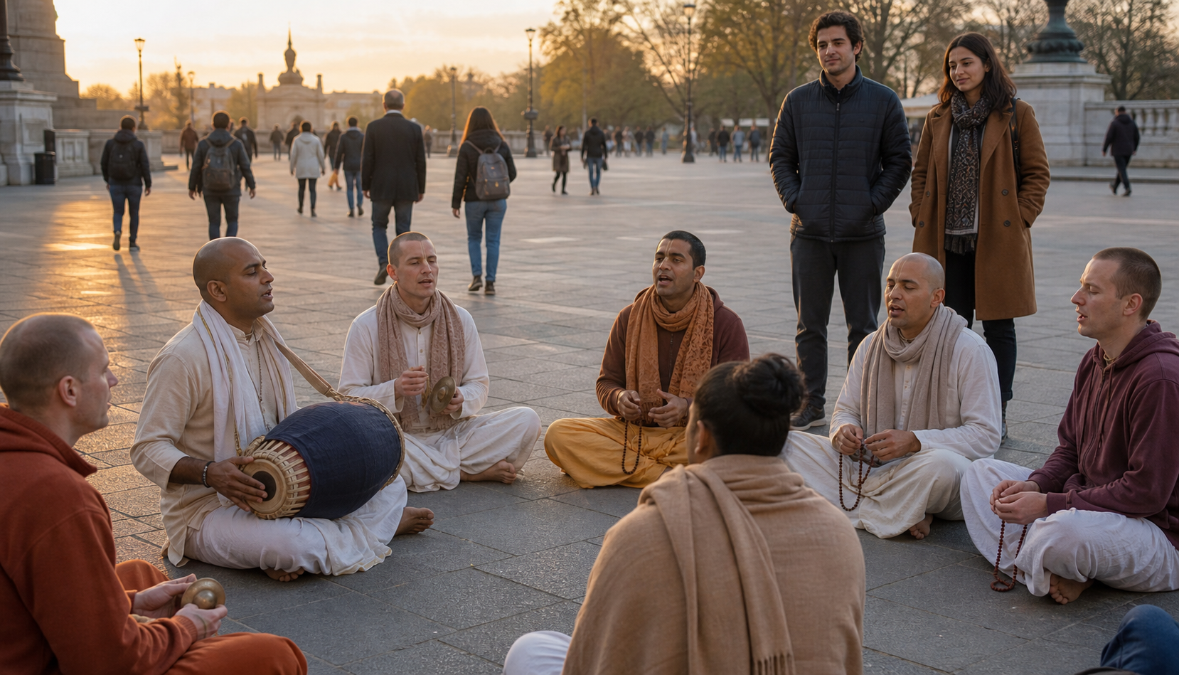 Krishna consciousness practitioners hold a peaceful outdoor kirtan with a drum, hand cymbals, and prayer beads in a public plaza.