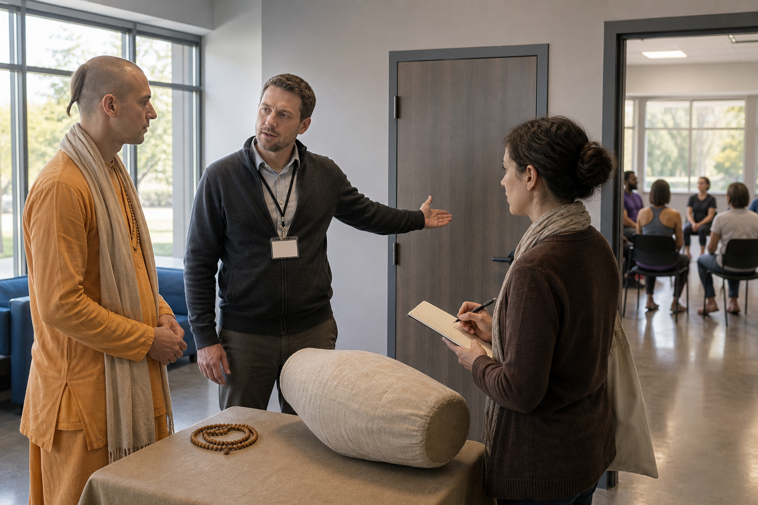 A Krishna consciousness practitioner speaks with a community center administrator near a closed meeting room while a companion takes notes.