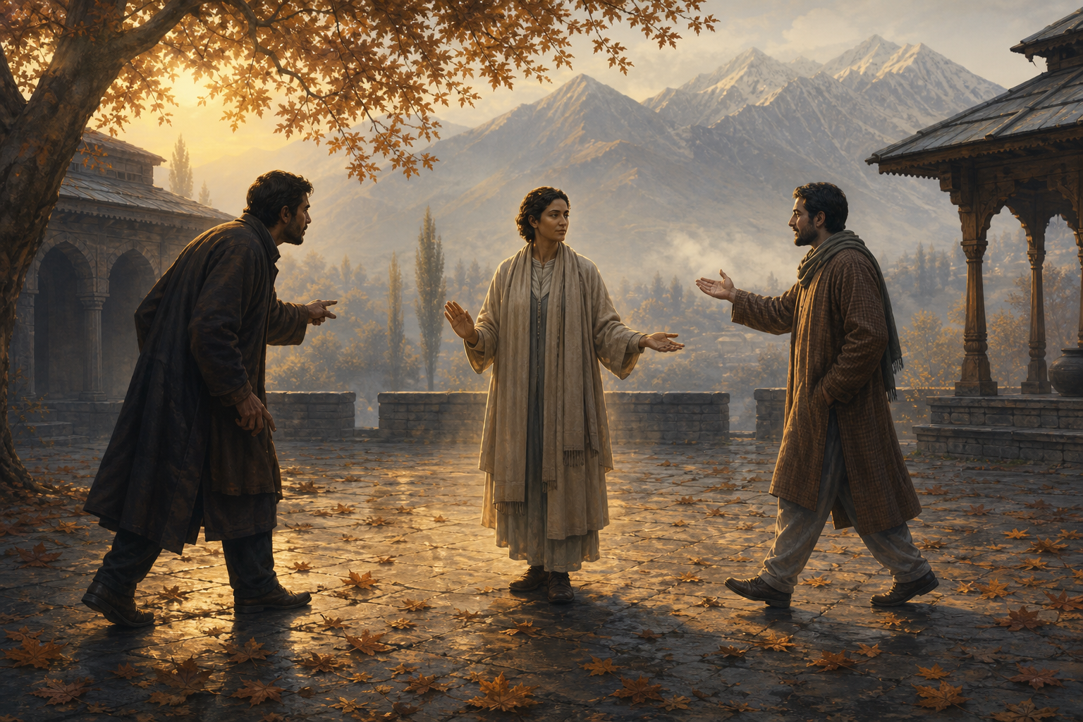 A calm practitioner stands between a tense person and a friendly person in a stone courtyard, with soft golden light connecting all three figures.