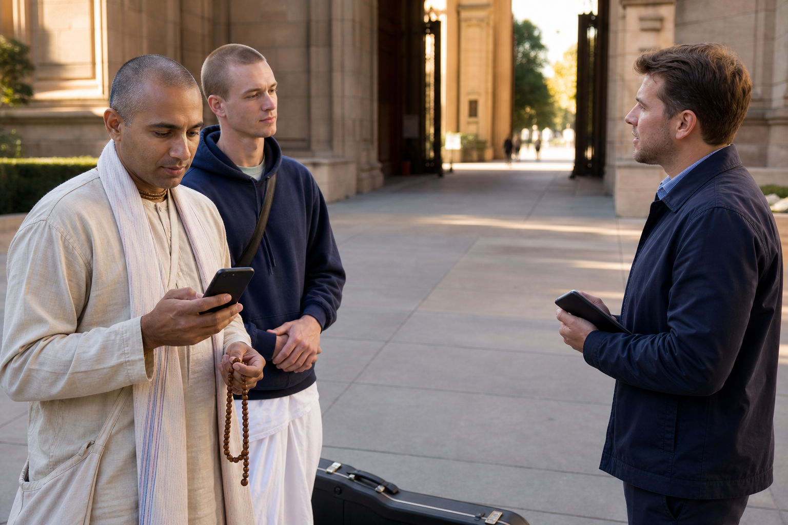 A practitioner documents the location of an interrupted devotional activity while a witness and public official remain nearby in a civic plaza.