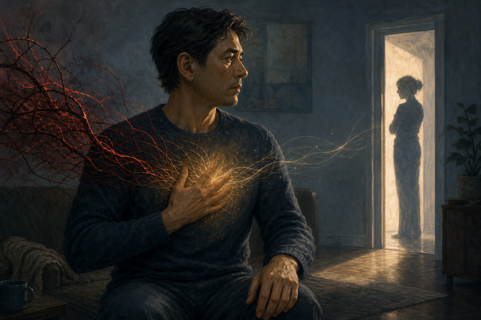 A seated person pauses with one hand over the heart as red thornlike lines dissolve between them and a figure in a doorway.