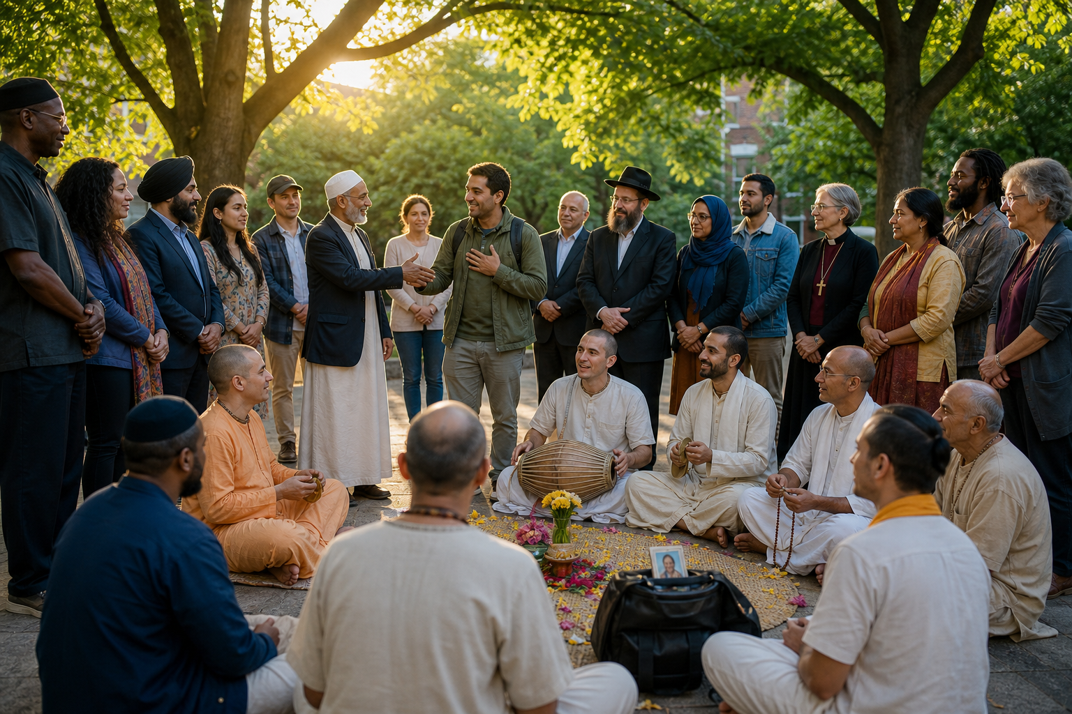 Neighbors and people from several faith communities stand in solidarity beside Krishna practitioners holding a peaceful devotional gathering outdoors.