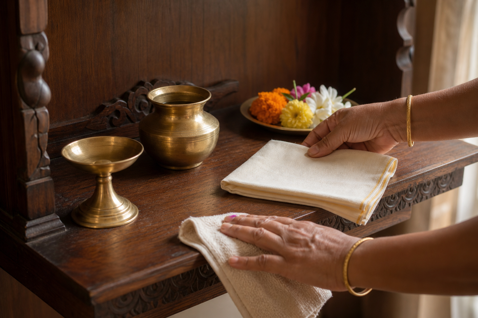 A devotee's hands clean a wooden prayer shelf and arrange a brass lamp, water vessel, cloth, and fresh flowers.