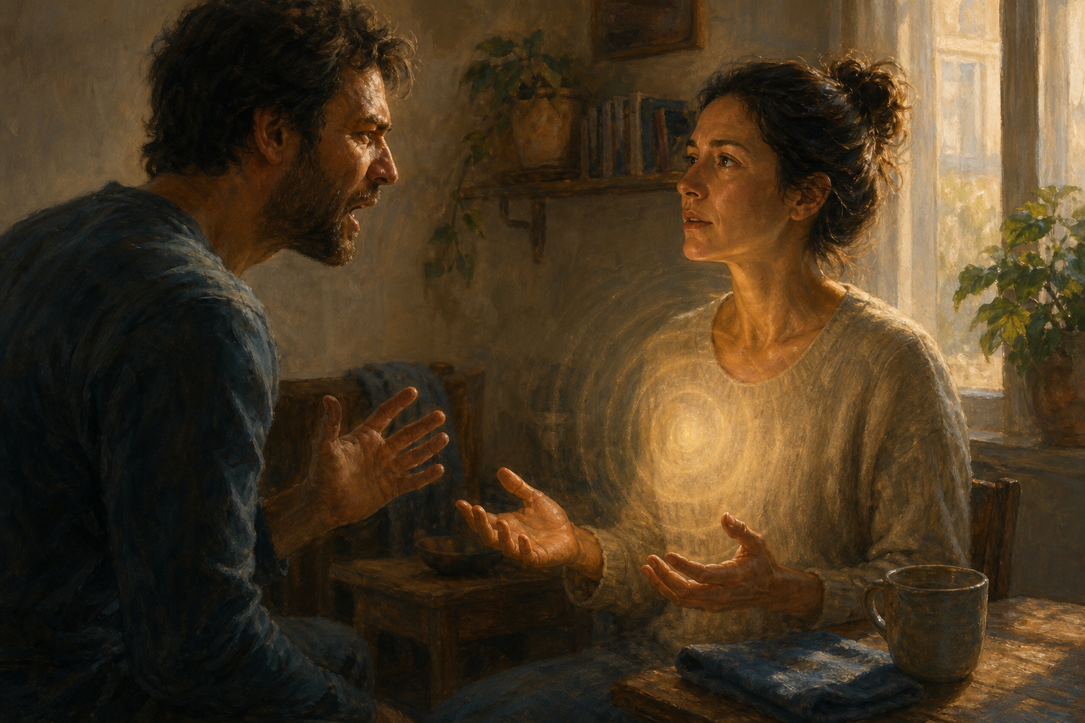 Two people face each other during a tense exchange while one pauses with relaxed hands and soft light radiating around the torso.