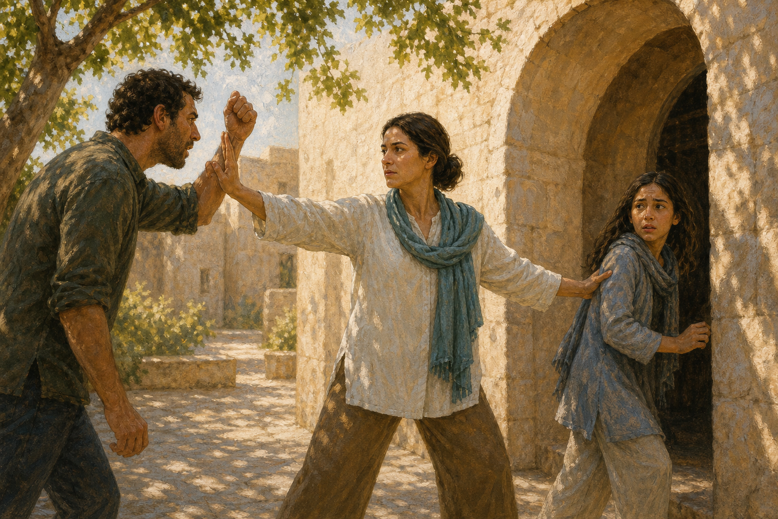 A composed person blocks an aggressor's raised wrist while guiding a vulnerable person toward a sheltered doorway.