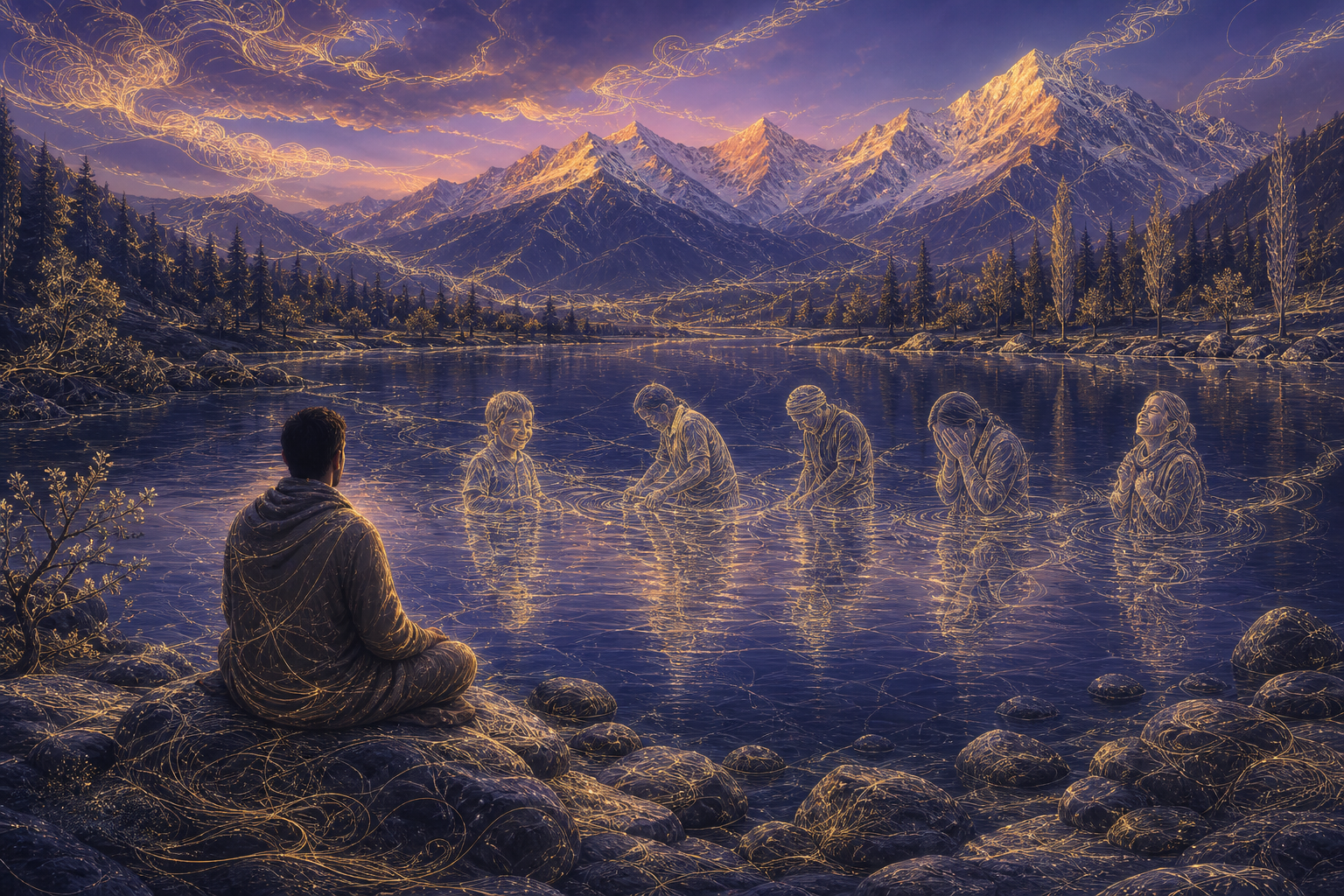 A practitioner meditates beside a mountain lake where reflections of diverse people join into one continuous pattern of light.