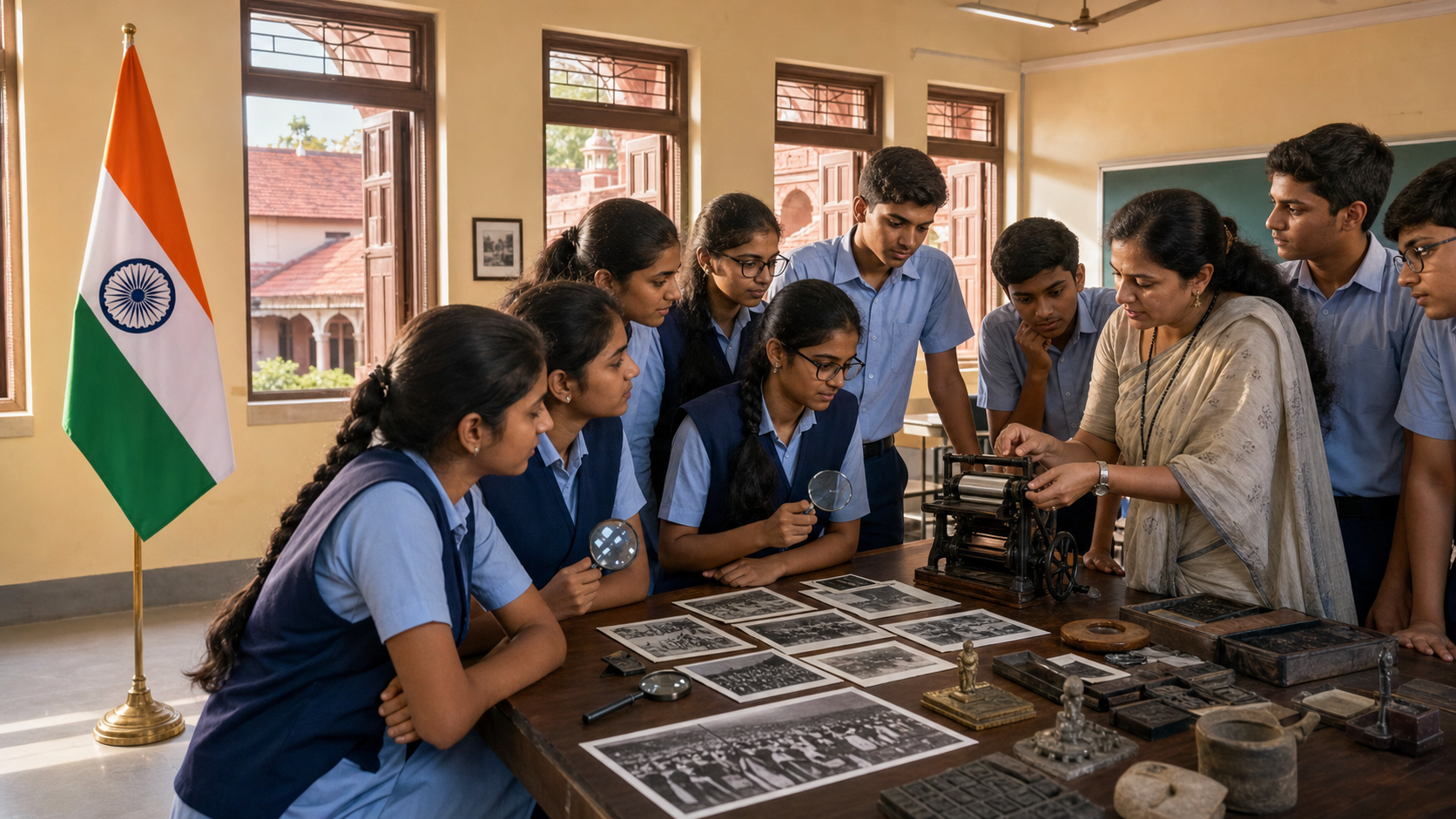 Indian students and a teacher examine historical photographs and teaching objects beside a respectfully displayed Indian national flag in a Kolhapur classroom.