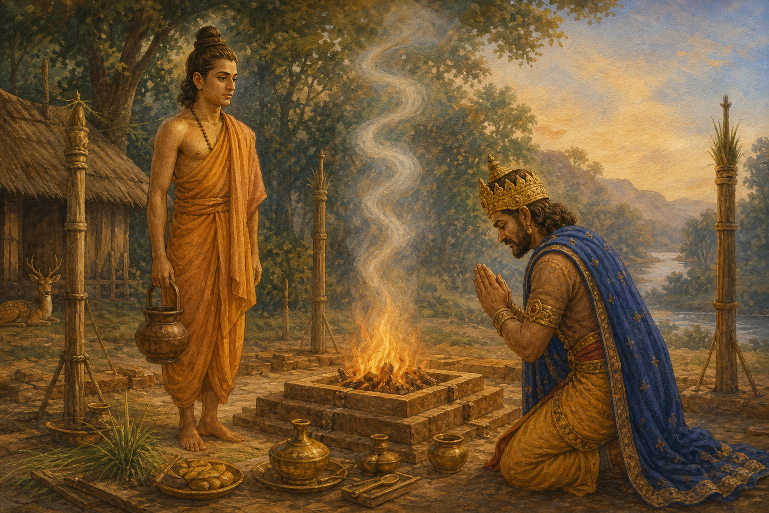 King Janamejaya greets the ascetic Somashrava beside a sacred fire in a Vedic sacrificial enclosure.