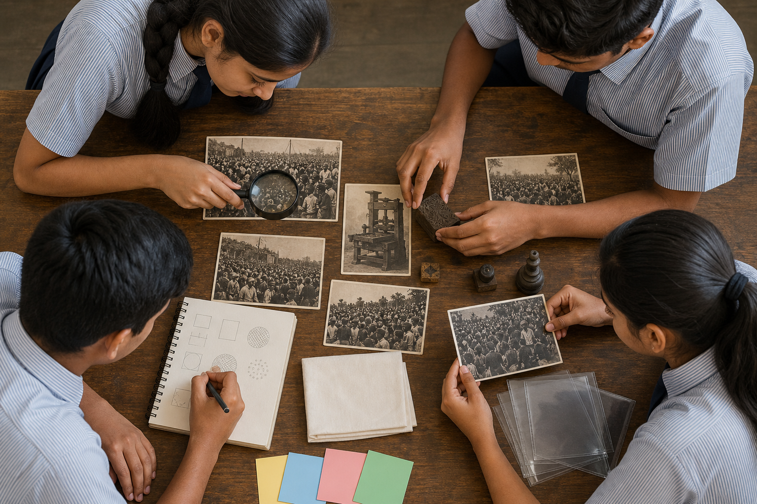 Four students compare historical image cards and teaching replicas with a magnifying glass during a classroom evidence exercise.