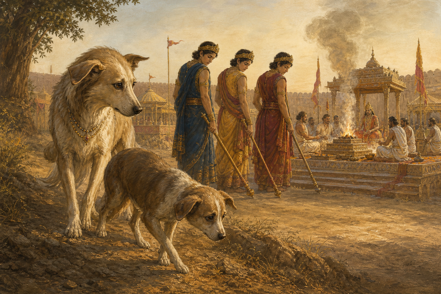 A frightened dog and its protective mother Sarama stand outside Janamejaya's sacrificial enclosure while the king's brothers remain in the background.