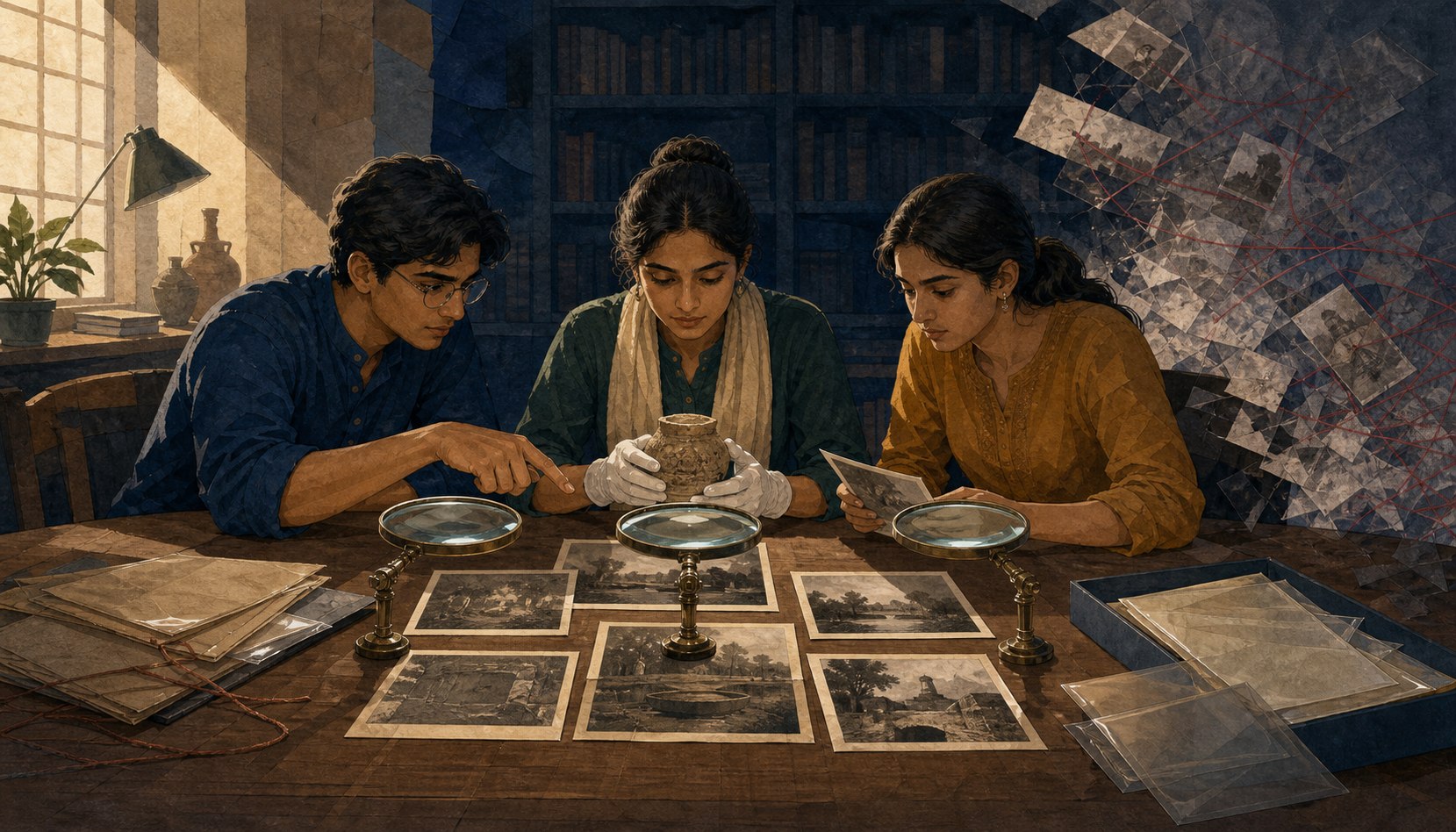 Three students compare photographs and an archival object while distorted duplicate images fade at the edge of an editorial illustration.