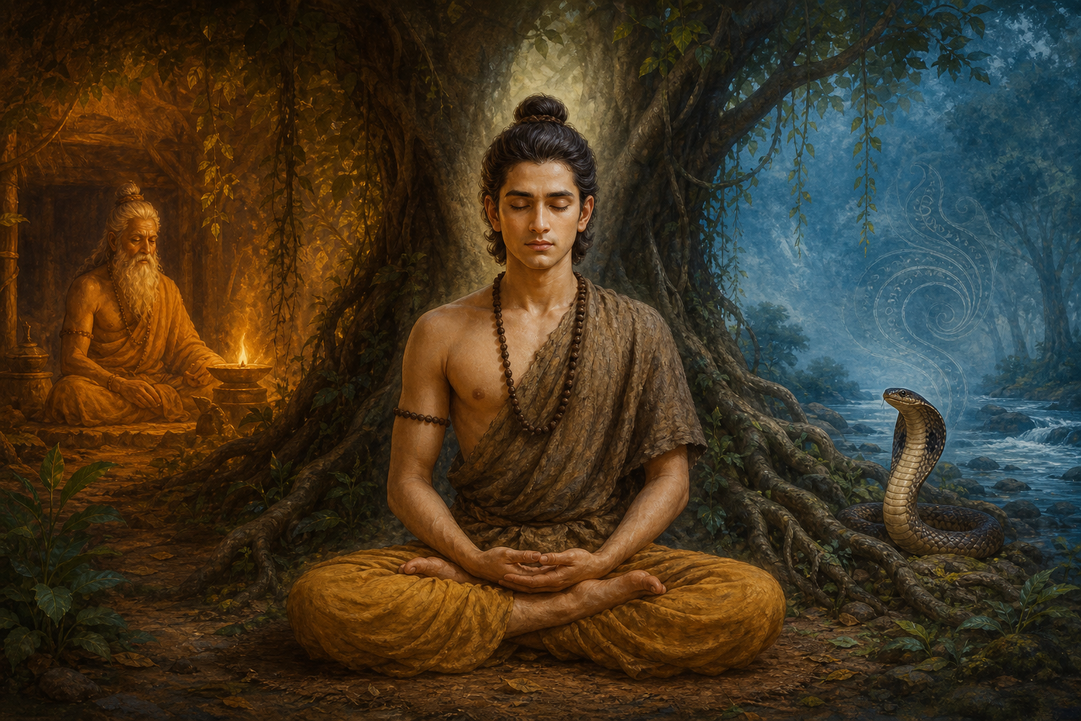 Somashrava meditates at a forest hermitage between symbols of his sage father and serpent-associated mother.