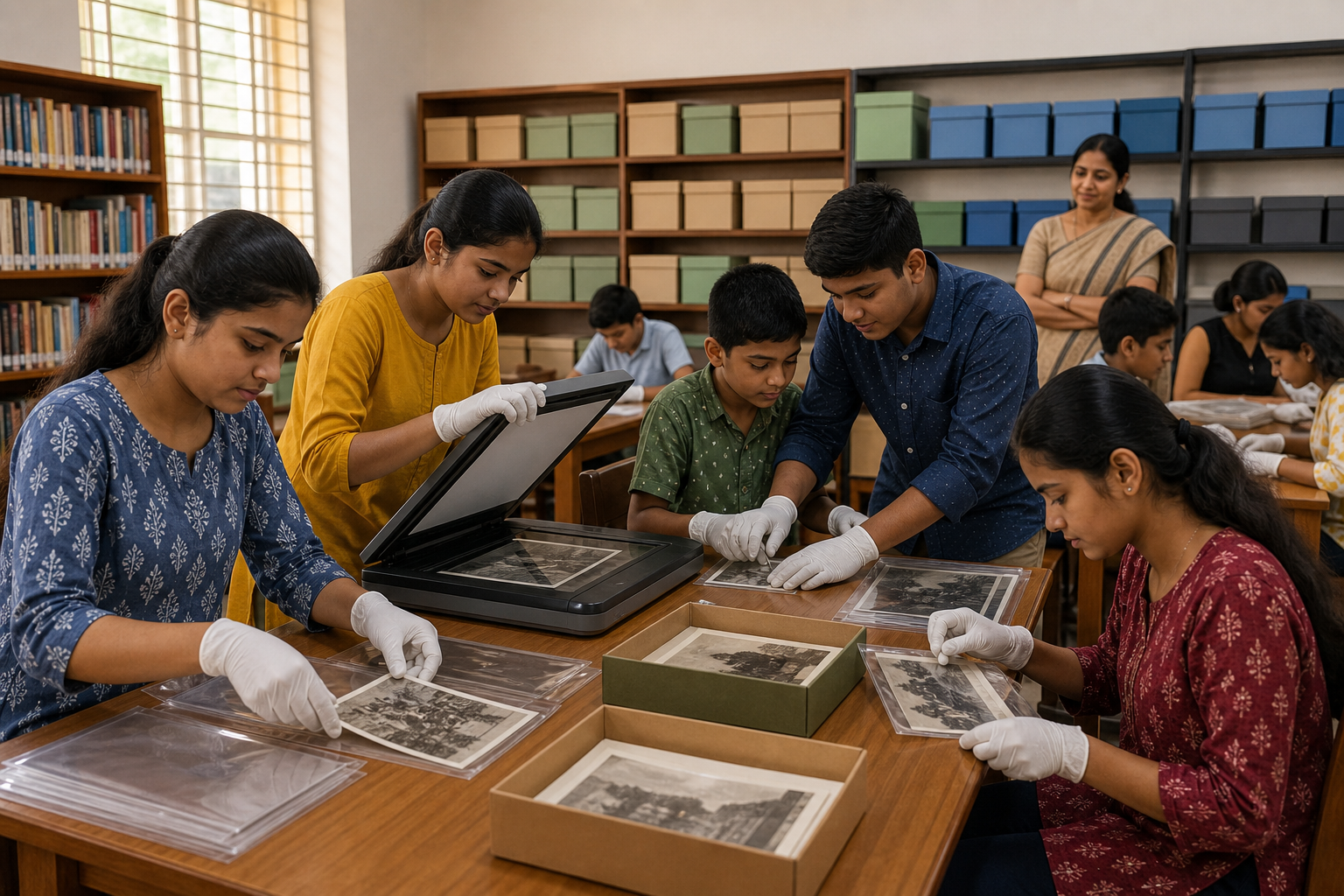 Older students mentor younger students as they preserve, scan, and organize historical photographs in a school library.